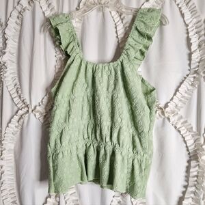 Stitch And Feather Sleeveless Bohemian Green Ruffle Top Stretch Floral sz Large